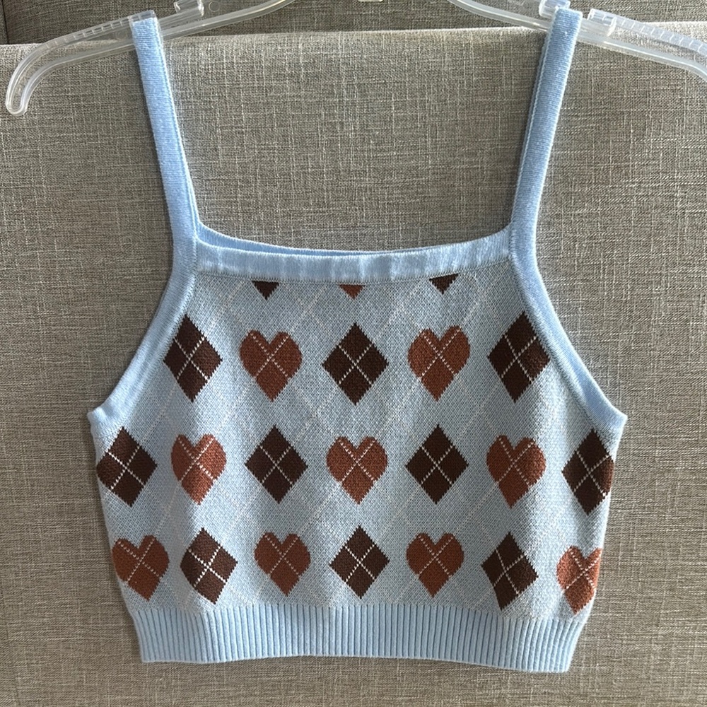 Blue Argyle Heart Knit Tank Top Small